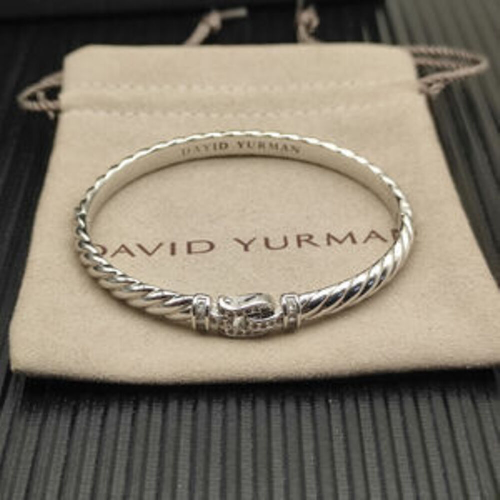 David Yurman Silver Diamond-Set Hook Clasp Engraved Wave Bracelet